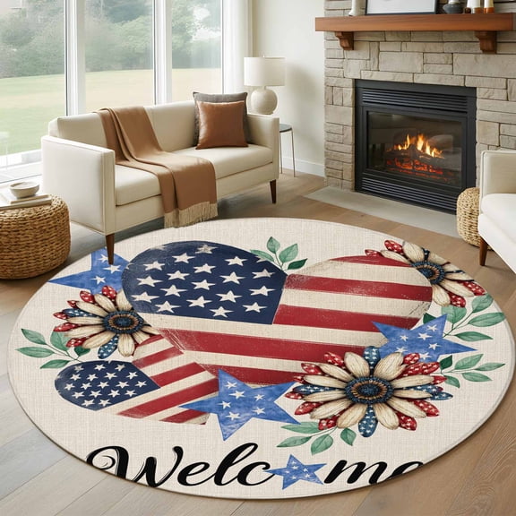 Independence Day 8' Round Rug for Open Concept Living Room Seating Zone, Daisy Love Welcome Washable Non Slip Large Circle Area Rug