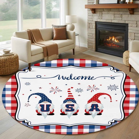 Independence Day 8' Round Rug for Open Concept Living Room Seating Zone, USA Gnomes on Blue Red Buffalo Plaid Washable Non Slip Large Circle Area Rug