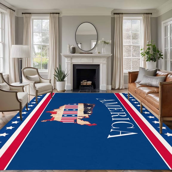 Independence Day 8'x10' Large Area Rug for Living Room Sectional Sofa, American Flag Retro Map Blue Background Red Stripes Washable Non Slip Low Pile Rectangle Area Rug