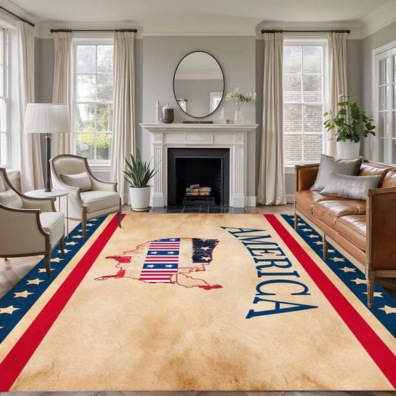 Independence Day 8'x10' Large Area Rug for Living Room Sectional Sofa, American Flag Retro Map Brown Background Red Stripes Washable Non Slip Low Pile Rectangle Area Rug