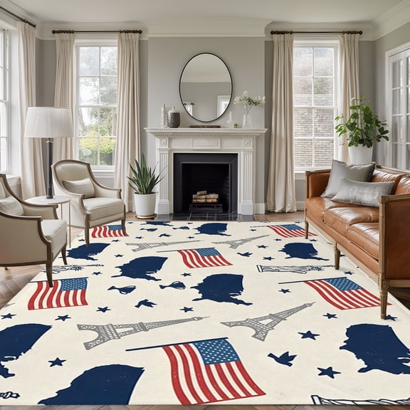 Independence Day 8'x10' Large Area Rug for Living Room Sectional Sofa, Americana Flag USA Map Statue of Liberty Washable Non Slip Low Pile Rectangle Area Rug
