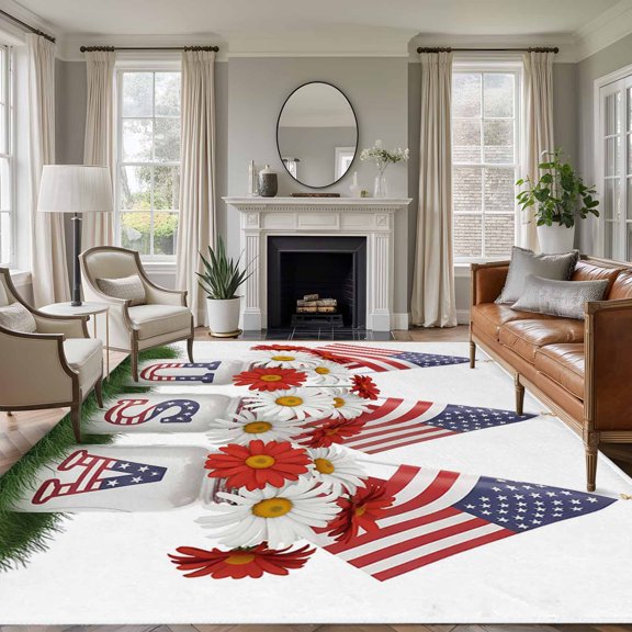 Independence Day 8'x10' Large Area Rug for Living Room Sectional Sofa, Five-Pointed Star U.S. Flag Themed Floral Washable Non Slip Low Pile Rectangle Area Rug
