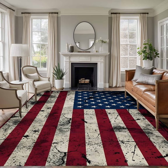 Independence Day 8'x10' Large Area Rug for Living Room Sectional Sofa, Mottled U. S. Flag Shabby Chic Vintage Washable Non Slip Low Pile Rectangle Area Rug