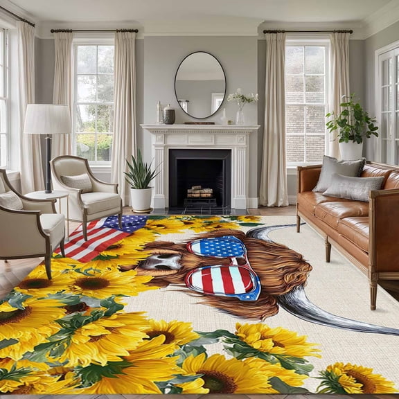 Independence Day 8'x10' Large Area Rug for Living Room Sectional Sofa, U.S. Flag Themed Farm Cow Sunflower Linen Texture Washable Non Slip Low Pile Rectangle Area Rug