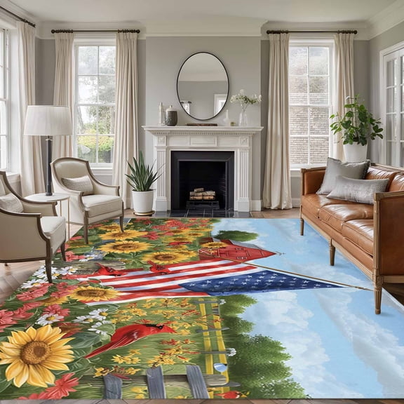 Independence Day 8'x10' Large Area Rug for Living Room Sectional Sofa, U. S. Summer Sunflower Pastoral Barn Farmhouse Washable Non Slip Low Pile Rectangle Area Rug