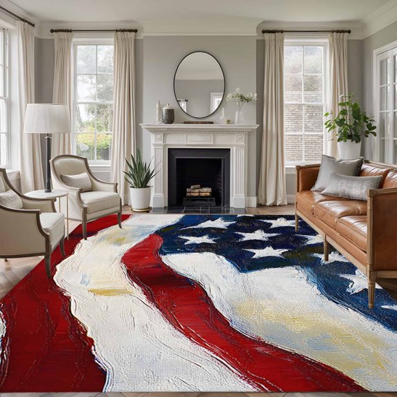 Independence Day 8'x10' Large Area Rug for Living Room Sectional Sofa, United States Flag Washable Non Slip Low Pile Rectangle Area Rug