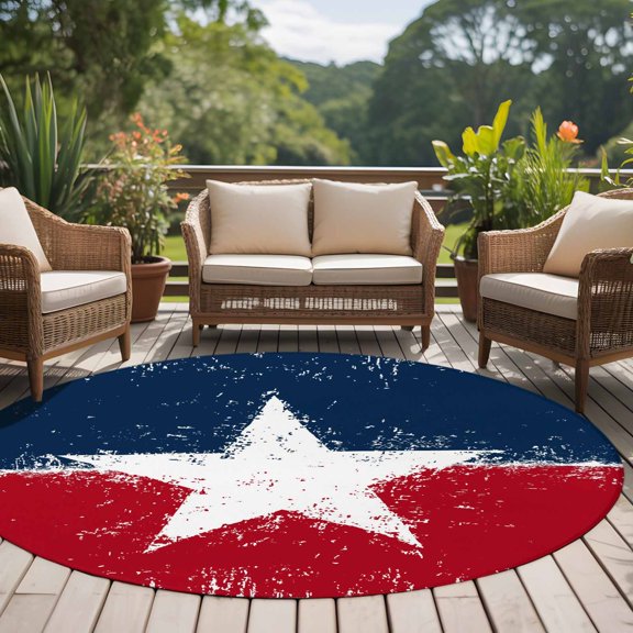 Independence Day 8ft Round Rug for Open Concept Living Room Seating Zone, U.S. Flag Themed Stained Retro Texture Shabby Chic Washable Non Slip Large Circle Area Rug