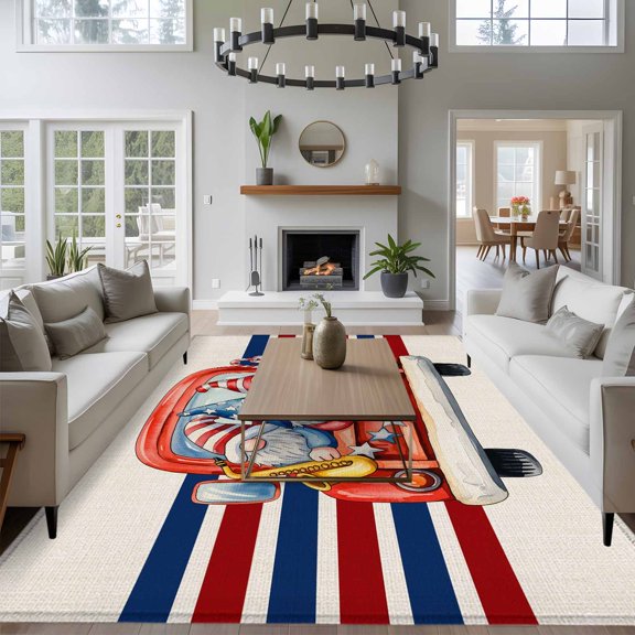 Independence Day 8x10 Area Rug for Living Room Sectional Sofa, Retro Dwarf Red Truck Blue Striped Abstract Washable Non Slip Large Rectangle Area Rug
