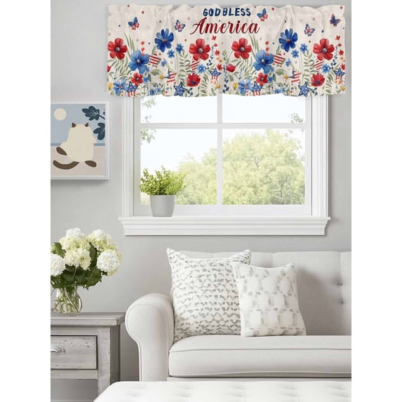 Independence Day America Flower Butterfly Valances for Windows,Kitchen Valance Rod Pocket Short Curtain, Patriotic Stars Retro Linen Valance Curtain Window Valances for Bedroom Living Room 60x18in