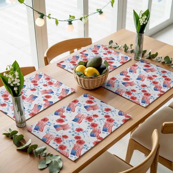 Independence Day American Flag Placemats Set of 4,Wipeable Washable Table Mats for Dining Tables, Red Flowers Roses Place Mats for Kitchen Event Party Tabletop Decor