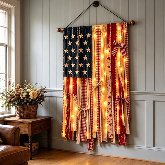 Independence Day American Flag Rag Garland with LED Lights Hanging Wall Banner for 4th of July Front Door Porch Decor 23.8x65.7 Inch