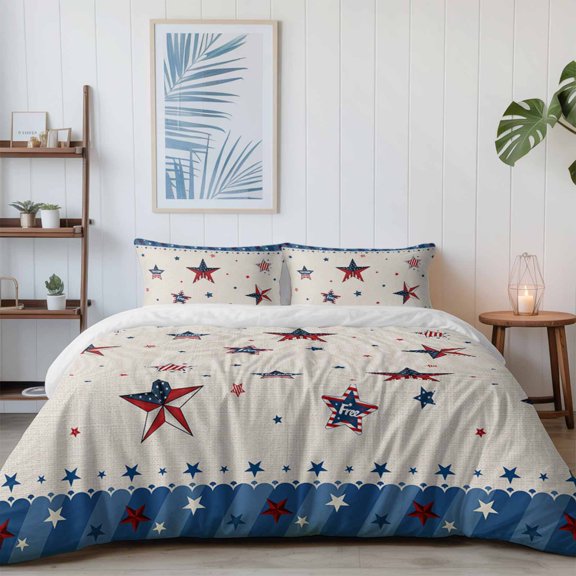Independence Day American Flag Stars Blue Stripes Patriots California King Size Bed Set,Red Pentagram 4 Pcs Bedding Set with 1 Quiltcover (96"x104"),1 Sheet (110"x98"),2 Pillowcases (20"x36")