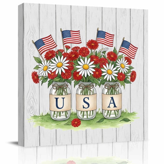 Independence Day American Flags Canvas Artwork Painting Art, White Red Flowers Square Framed Wall Decorations Prints Picture for Bedroom Kitchen Living Room, 16x16 in