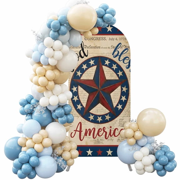 Independence Day American Star Arch Backdrop Cover, 4FT, Retro 4th of July Newspaper Red Blue Star Spandex Arch Covers Double-Sided Backdrop for Wedding Birthday Party Photo Background Decoration