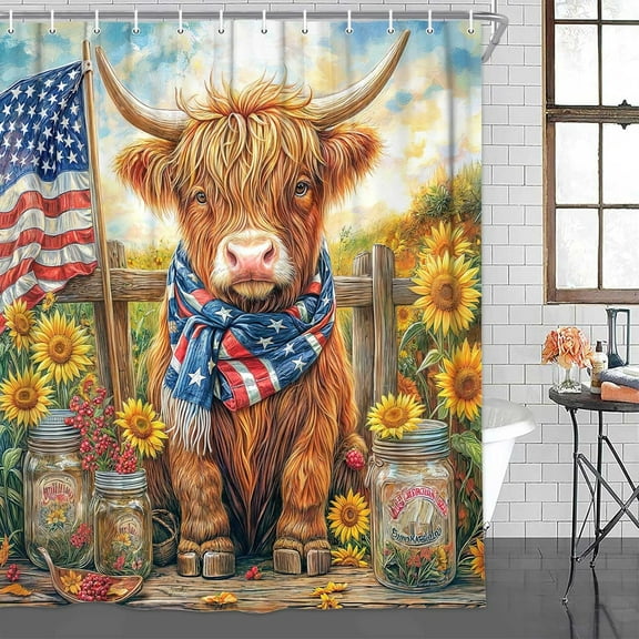 Independence Day Animal Shower Curtain, Funny Cow Shower Curtain American Flag Funny Animal Patriotic Shower Curtains, Rustic Floral Cow Shower Curtain with 12 Hooks,47X64