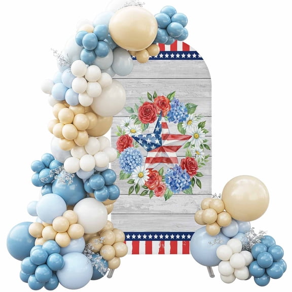 Independence Day Arch Backdrop Cover, 4FT, Blue Red USA Flag Penang Stars Flower Wooden Grain Spandex Arch Covers Double-Sided Backdrop for Wedding Birthday Party Photo Background Decoration