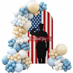 Independence Day Arch Backdrop Cover, 4FT, Thank You America Blue Star Red Stripes Flag Spandex Arch Covers Double-Sided Backdrop for Wedding Birthday Party Photo Background Decoration