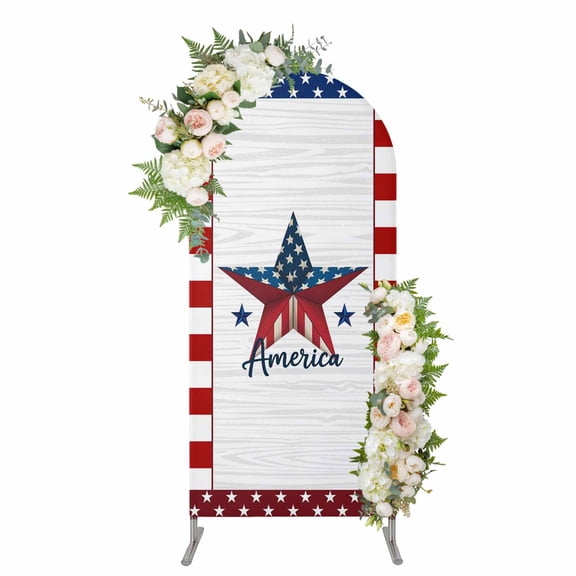 Independence Day Arch Backdrop Cover 5FT, Blue Red Star American Flag Striped Spandex Fitted Stretchy Arch Stand Covers, Round Top Chiara Backdrop Cover for Wedding Party Birthday Baby Shower