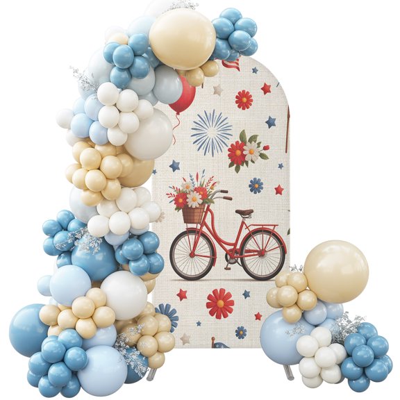 Independence Day Arch Backdrop Cover, 5FT, Red Blue Bicycle Flower Flag Balloons Linen Spandex Arch Covers Double-Sided Backdrop for Wedding Birthday Party Photo Background Decoration