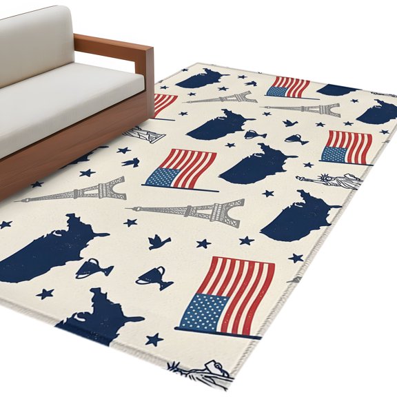 Independence Day Area Rug 3x5 Washable Rug Non Slip Patriotic American Flag Tower Map Large Area Rug Indoor Floor Carpet for Entryway Bedroom Kitchen Living Room Home Office Dining Room Nursery