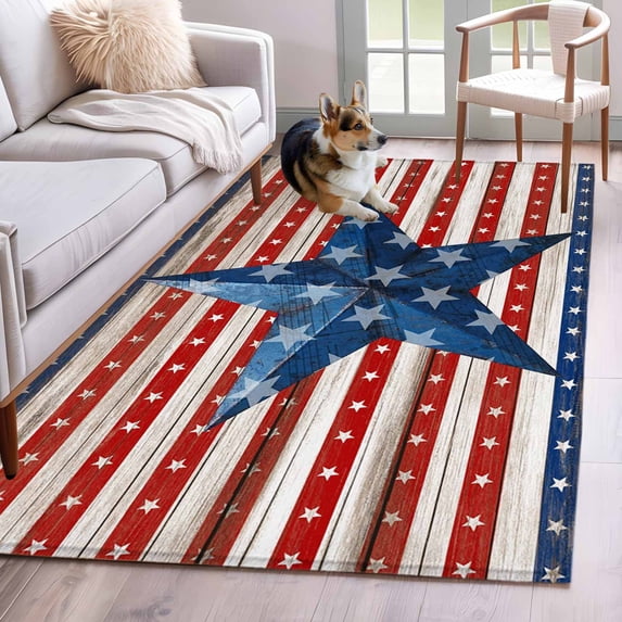 Independence Day Area Rugs 3'x5', Washable Small Throw Rugs for Living Room Bedroom, 4 of July Blue Red Stars Striped Wood Indoor Outdoor Rug Non-Slip Low Pile Carpet Runner Reversible Floor Mats