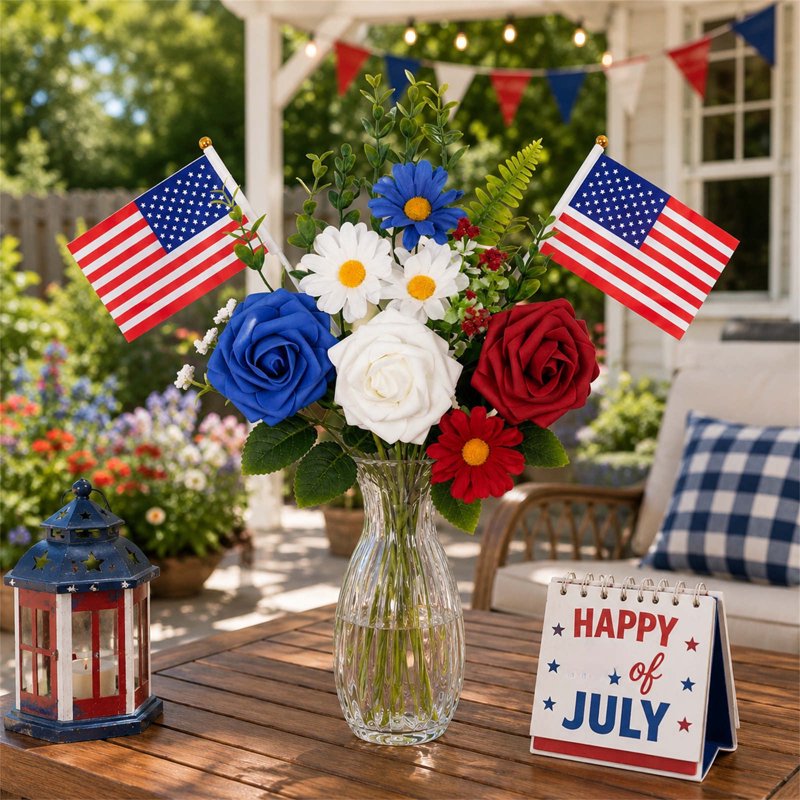 Independence Day Artificial Flower Arrangement, Patriotic Red White Blue Daisy Stem With Mini Flags, July 4th Table Centerpiece For Party Wedding Decor