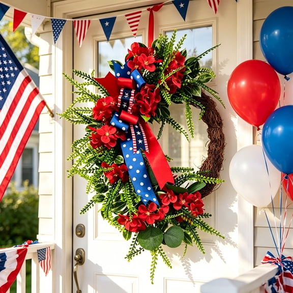 Independence Day Artificial Flower Star Polka Dots Hanging Garland Red White Blue Decor for July 4th
