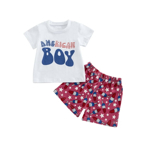 Independence Day Baby Boys Clothes Letter Print Short Sleeve T-Shirts and Stars Red Stripe Print Shorts Set