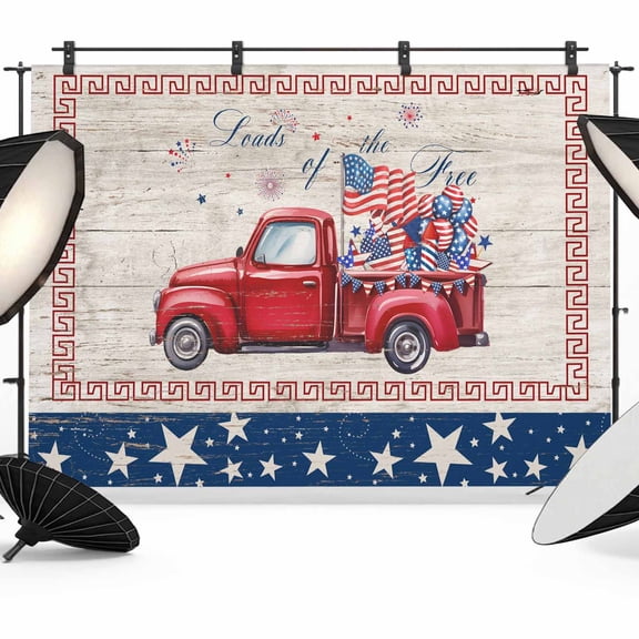 Independence Day Backdrop for Photography,Fabric Photo Background Backdrop,4th of July Red Truck Flag Wooden Photo Booth Background for Portrait Photoshoot Video Wedding Studio Decor Banner 8x6ft