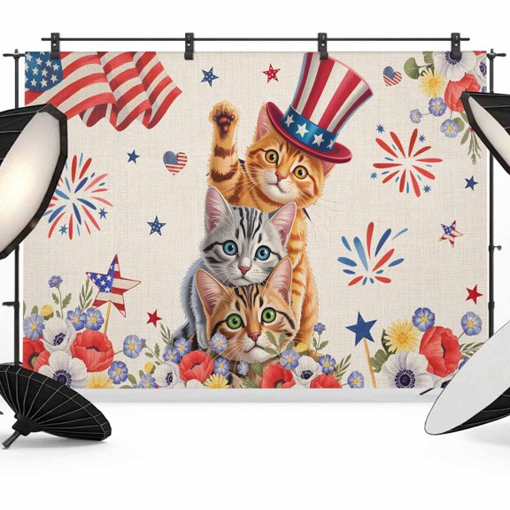 Independence Day Backdrop for Photography,Fabric Photo Background Backdrop,Cat Patriotic Flag Firework Flowers Photo Booth Background for Portrait Photoshoot Video Wedding Studio Decor Banner 7x5ft