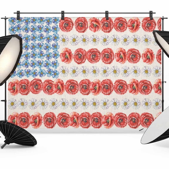 Independence Day Backdrop for Photoshoot,Photography Photo Studio Background Wall Backdrop,American Flag Red Blue White Flowers Back Drop Banner Panel for Portraits Wedding Live Streaming 12x8Ft