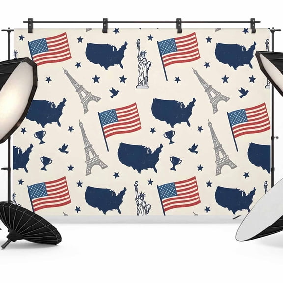 Independence Day Backdrops for Photography, Americana Flag USA Map Statue of Liberty Fabric Photo Background Sturdy Studio Props for Photo Studio, Video Recording, Booth & Photoshoot 7x5ft