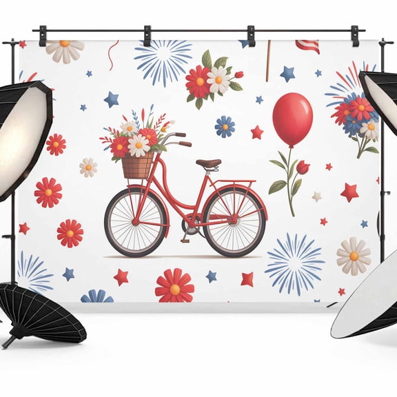 Independence Day Backdrops for Photography, Red Blue Bicycle Flower Flag Balloons Fabric Photo Background Sturdy Studio Props for Photo Studio, Video Recording, Booth & Photoshoot 7x5ft
