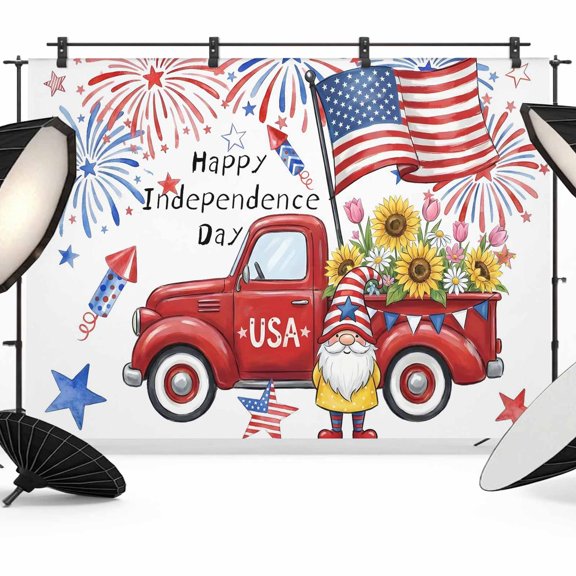 Independence Day Backdrops for Photography, Red Truck Patriotic Gnome Fireworks Fabric Photo Background Sturdy Studio Props for Photo Studio, Video Recording, Booth & Photoshoot 7x5ft