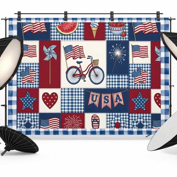 Independence Day Backdrops for Photography, USA Flag Summer Bike Fruit Blue Plaid Fabric Photo Background Sturdy Studio Props for Photo Studio, Video Recording, Booth & Photoshoot 7x5ft