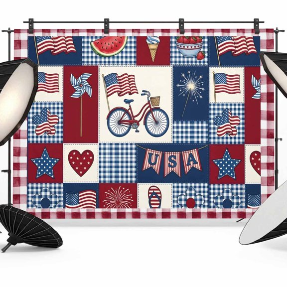 Independence Day Backdrops for Photography, USA Flag Summer Bike Fruit Red Plaid Fabric Photo Background Sturdy Studio Props for Photo Studio, Video Recording, Booth & Photoshoot 7x5ft