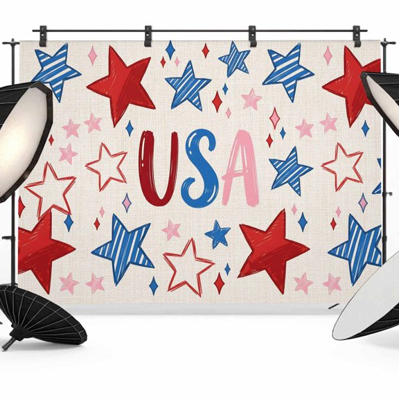 Independence Day Backdrops for Photography, USA Star Patriotic Rustic Cartoon Fabric Photo Background Sturdy Studio Props for Photo Studio, Video Recording, Booth & Photoshoot 7x5ft