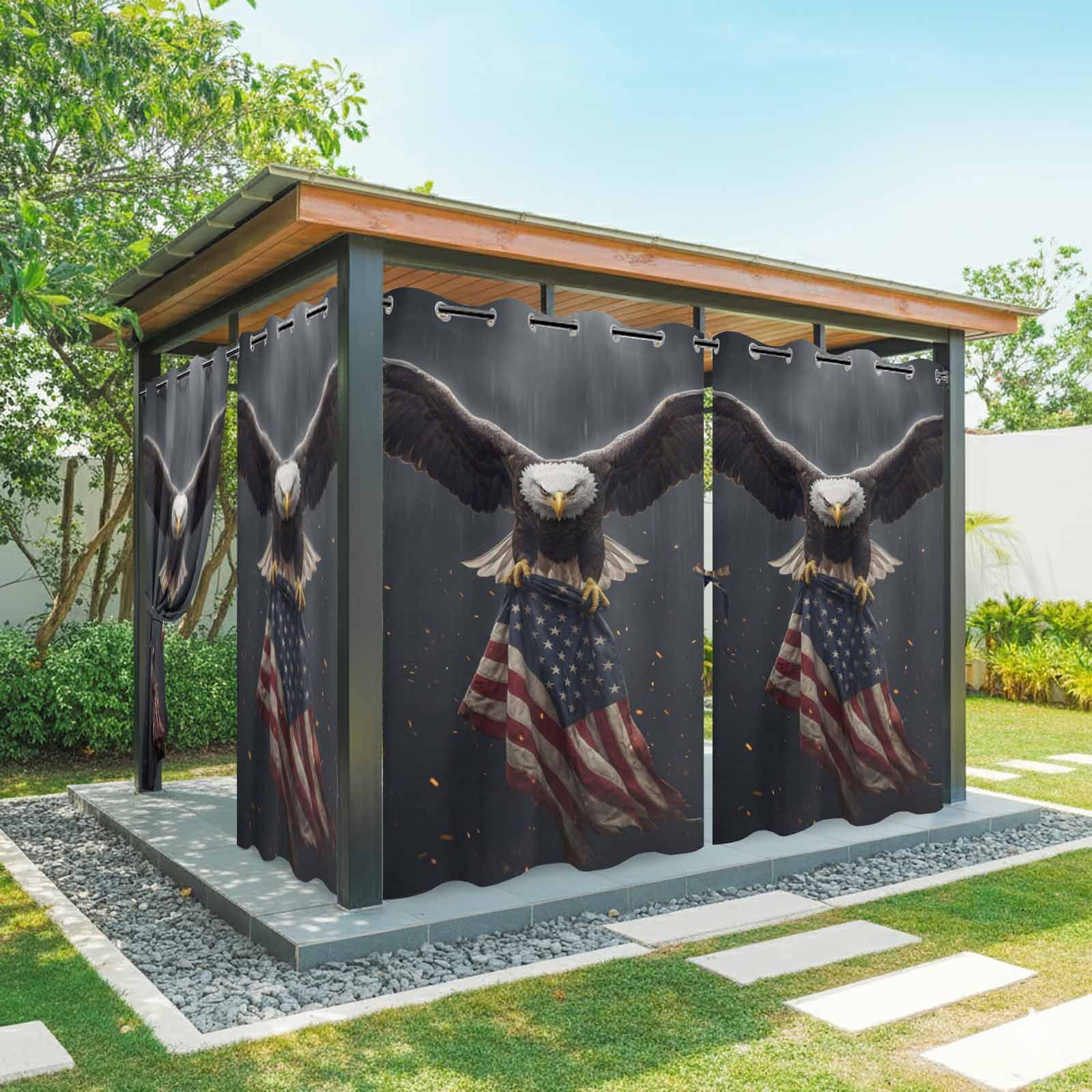 Independence Day Bald Eagle Outdoor Curtains for Patio, Patriotic Red Stripe Blue Star American Flag Sunshade Privacy Drapes Grommet Waterproof Outside Curtains for Porch Balcony 54"x108", 2 Panel