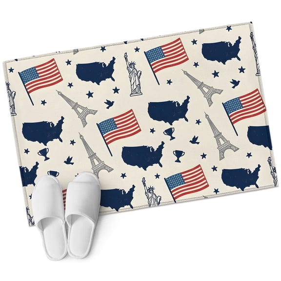 Independence Day Bathroom Rug Washable 2x3 Entryway Rug Non Slip Patriotic American Flag Tower Map Front Door Mat Low Pile Indoor Doormat Throw Floor Carpet for Kitchen Bedroom Entrance