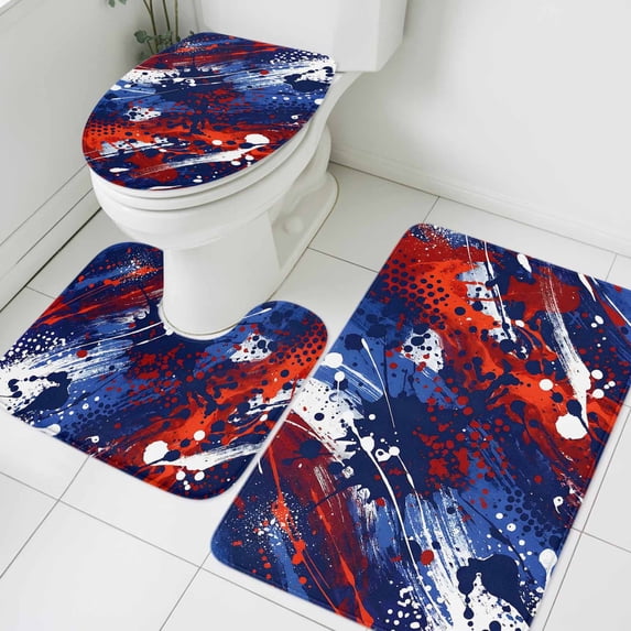 Independence Day Bathroom Rugs Set Abstract Red Blue White Mottled Painted Non Slip Absorbent Soft Bath Mats 3 Piece Set with Bathroom Rug, U-Shaped Floor Mat, Toilet Seat Cover Large Size