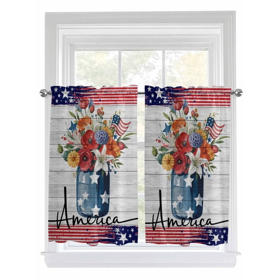 Independence Day Bathroom Window Curtain, Red Blue Flag Flowers Wooden Grain Light Filtering Coffee Kitchen Curtains, Bedroom Living Room Curtains 2 Panel 84"x45"