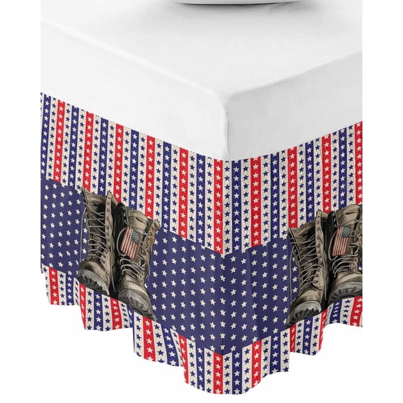 Independence Day Bed Skirt Cal King 18 Inch Drop, Wrap Around Bed Skirts, Retro Boots Red Blue Stars US Flag Stripes Elastic Bedskirt Pleated Bed Frame Cover Luxurious Dust Ruffle for Cal King Bed