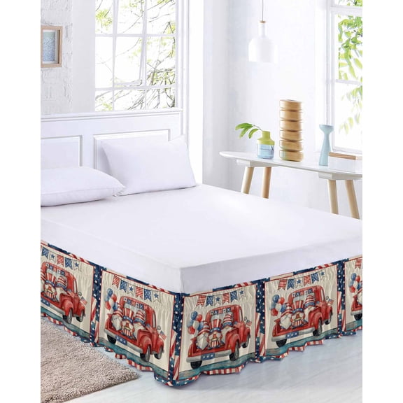 Independence Day Bed Skirt California King Size 18 Inch Drop, American Flag Truck Gnome Balloon Country Linen Texture Adjustable Elastic Dust Ruffles Bedskirt Wrap Around Pleated Mattress Frame Cover