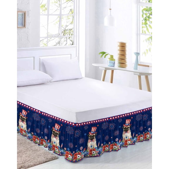 Independence Day Bed Skirt California King Size 18 Inch Drop, Cartoon Pug Dog Cute Puppy Colorful Poppy Adjustable Elastic Dust Ruffles Bedskirt Wrap Around Pleated Mattress Frame Cover