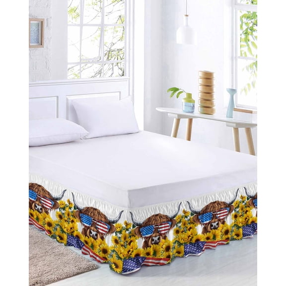 Independence Day Bed Skirt California King Size 18 Inch Drop, U.S. Flag Themed Farm Cow Sunflower Farmhouse Adjustable Elastic Dust Ruffles Bedskirt Wrap Around Pleated Mattress Frame Cover