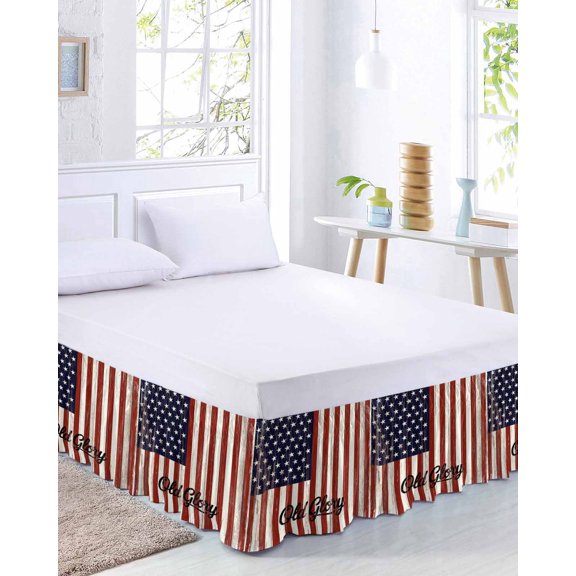 Independence Day Bed Skirt California King Size 18 Inch Drop, U.S. Flag Themed Five-Pointed Star Old Glory Adjustable Elastic Dust Ruffles Bedskirt Wrap Around Pleated Mattress Frame Cover