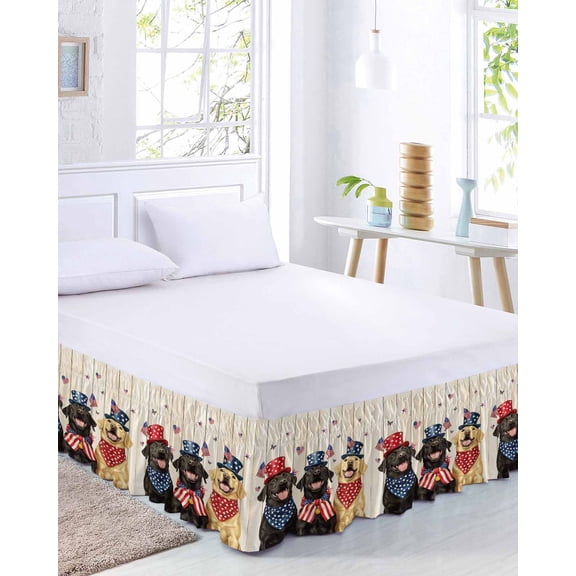 Independence Day Bed Skirt California King Size 18 Inch Drop, US Flag Dogs Adjustable Elastic Dust Ruffles Bedskirt Wrap Around Pleated Mattress Frame Cover