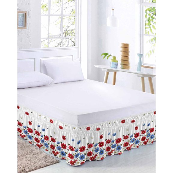 Independence Day Bed Skirt California King Size 18 Inch Drop, Watercolor Red Blue White Daisy Farm Bee Adjustable Elastic Dust Ruffles Bedskirt Wrap Around Pleated Mattress Frame Cover