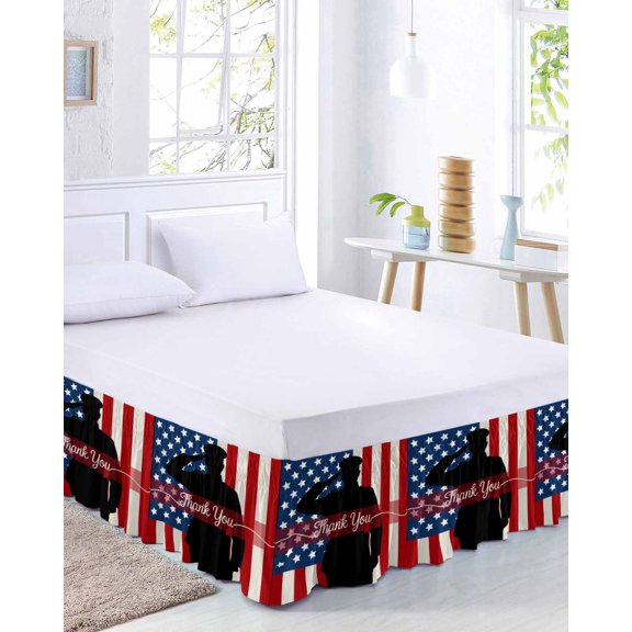 Independence Day Bed Skirt King Size 16 Inch Drop, Thank You America Blue Star Red Stripes Flag Adjustable Elastic Dust Ruffles Bedskirt for King Bed Wrap Around Pleated Mattress Frame Cover