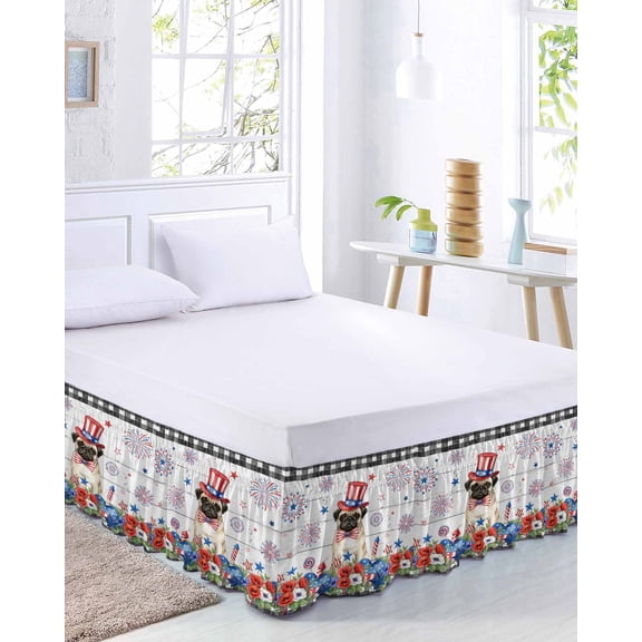 Independence Day Bed Skirt Queen Size 16 Inch Drop, Cartoon Pug Dog Cute Puppy Colorful Poppy Wood Grain Adjustable Elastic Dust Ruffles Bedskirt for Queen Bed Wrap Around Pleated Mattress Cover